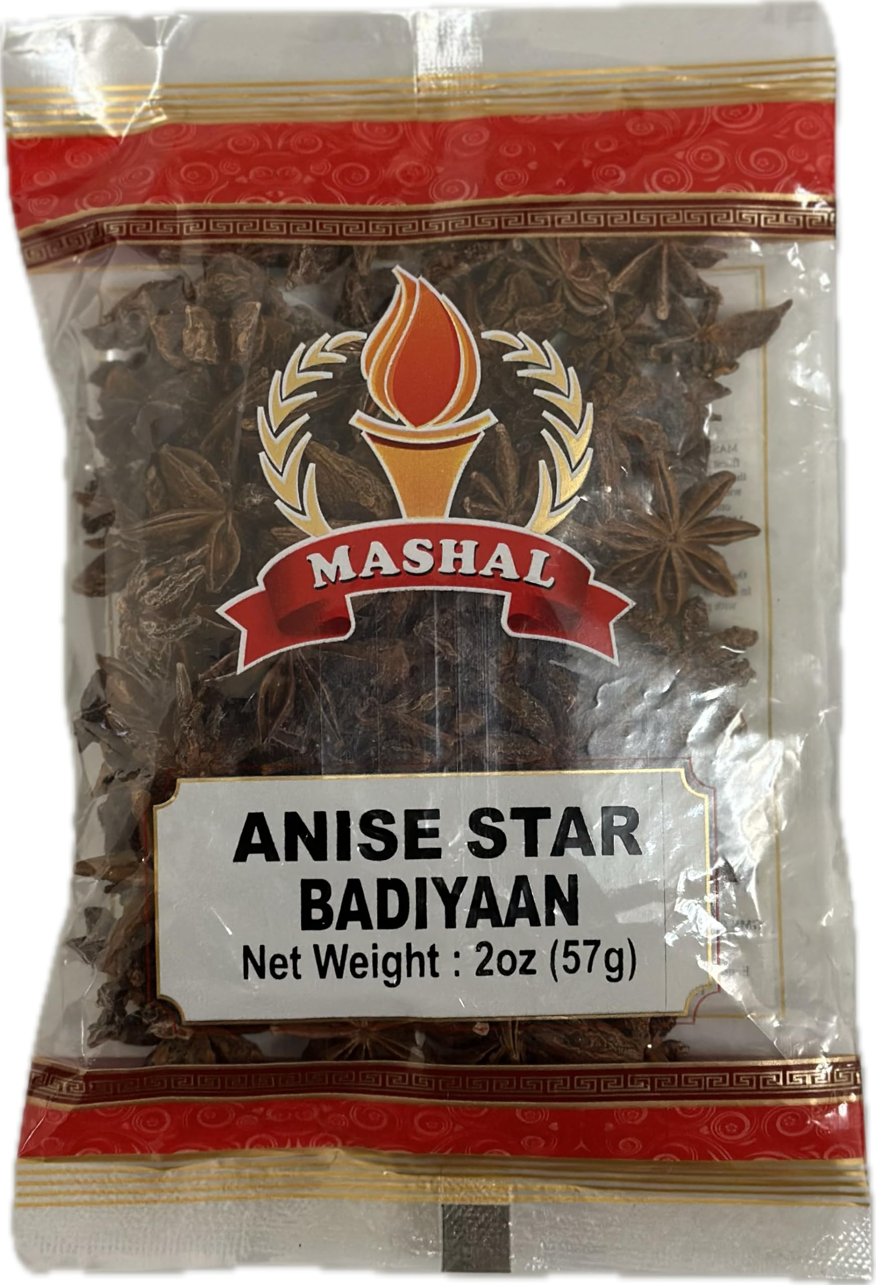 A 2 oz bag of Mashal Anise Star Badiyaan spices, showing the brand logo and product name on a white label over a clear plastic pouch.