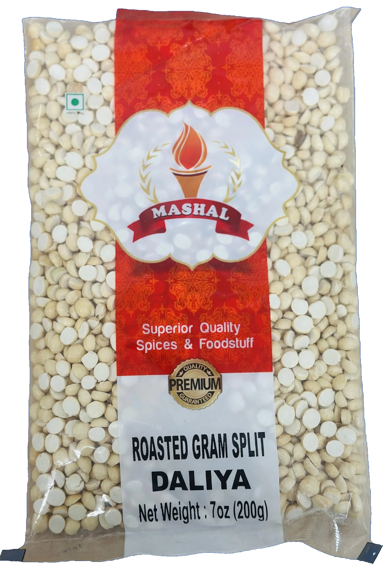 A 7 oz (200g) bag of Mashal Roasted Gram Split Daliya, showing the light beige split chickpeas through a clear plastic bag with a red and white label.
