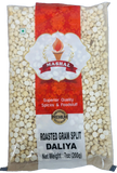 A 7 oz (200g) bag of Mashal Roasted Gram Split Daliya, showing the light beige split chickpeas through a clear plastic bag with a red and white label.