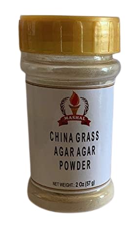 A 2 oz glass jar of Mashal China Grass Agar Agar Powder with a gold-colored screw cap and a white label.