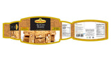 A flat, front-facing view of a packaged food product labeled 'Delmonico's Storero almond burrito' with nutrition facts panels visible on the right side, shown on a plain white background.